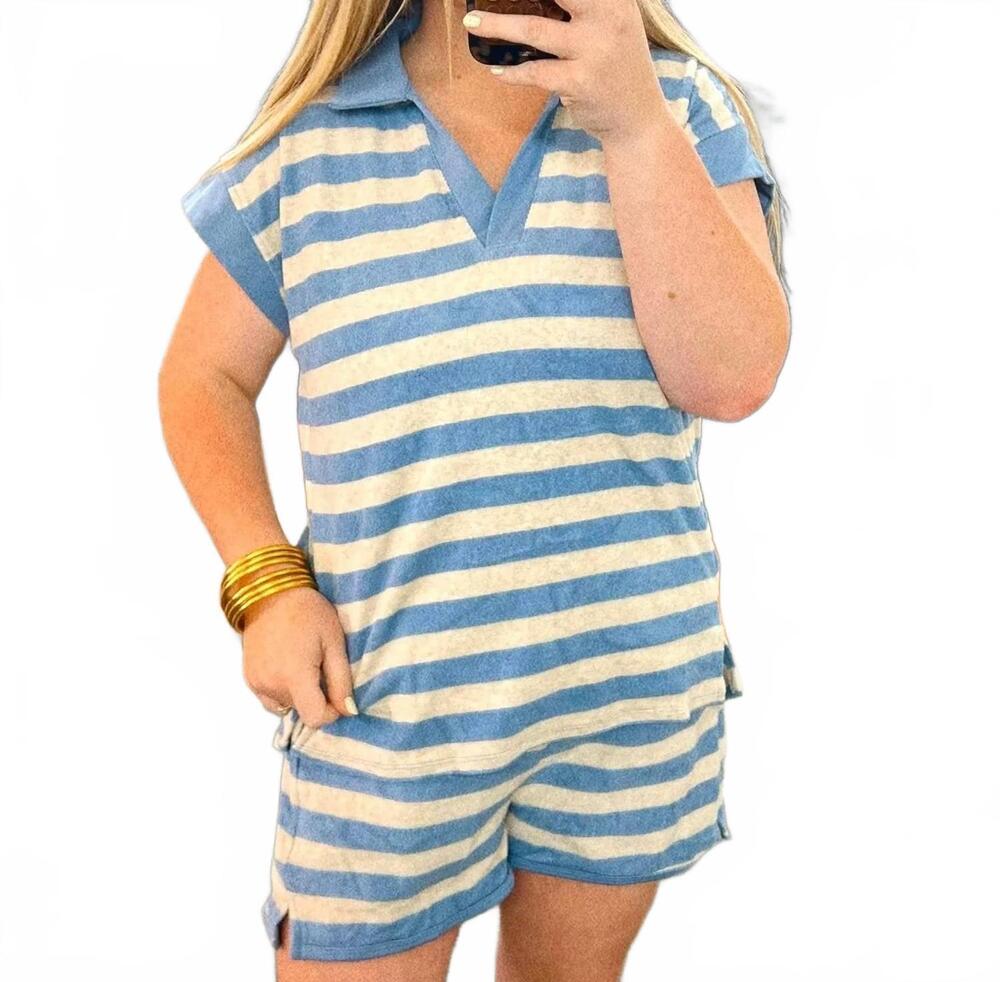 NEW UMGEE terry stripe short set in blue